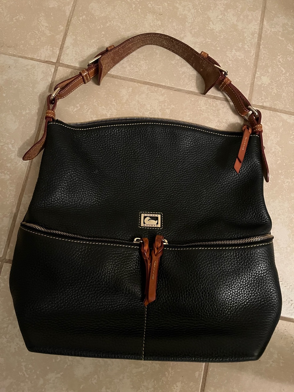 Dooney & Bourke Black Leather Shoulder Bag with Brown Trim